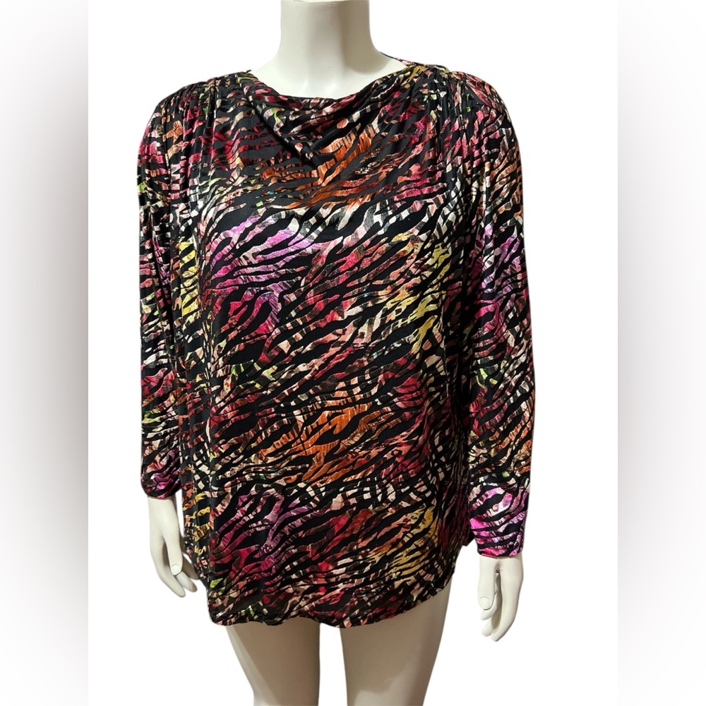 NWT Calessa 2X Crimson Multi Velvet Burnout Abstract Animal Print Drape Neck Top